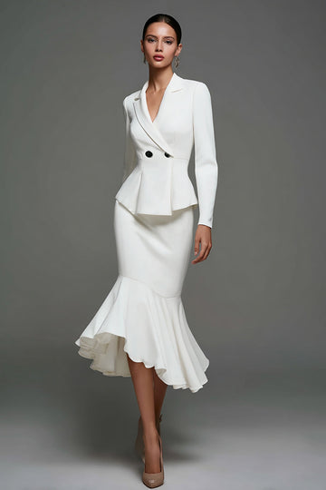 Robe blazer mi-longue à volants à revers crantés ivoire